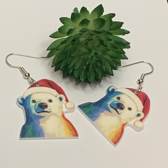 Polar Bear Earrings, Christmas Earrings, Gift Idea, Santa Earrings, Holiday - Picture 2 of 4